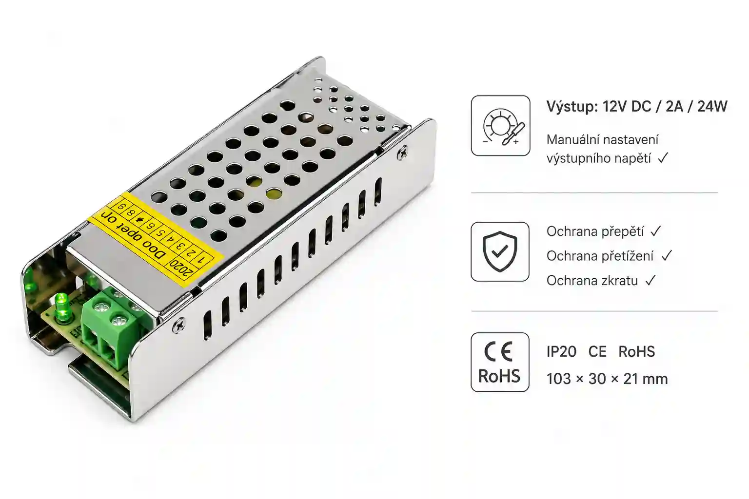 Ochranné funkce LED napájecího zdroje 12V 24W SLIM - přepětí, přetížení, zkrat